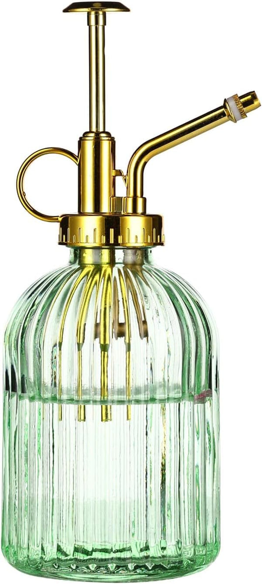 Glass Plant Mister Spray Bottle, 7.5" Green Glass Water Spray Bottle with Gold Top Pump Small Watering Can, Small Plant Sprayer Mister for Indoor Outdoor House,(Green+Gold E)-VerdiqueGarden