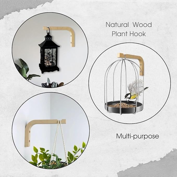 2-Piece Set of Plant Hooks for Wall 6 inch - Mounted Wooden Plant Hook - Indoor and Outdoor Bracket Plant Hanger for Planters, Lanterns, Bird Feeders, Patio Decorations (Natural)-VerdiqueGarden