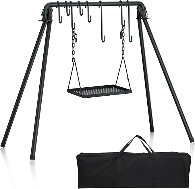 RELIANCER Grill Swing,Campfire Grill Cooking Stand w/8 Hooks & Storage Bag,Cast Iron BBQ Party Swing Grilling Cooking Rack,Outdoor Picnic Camping Cookware Hanging Rack,Collapsible Bonfire Barbecue Set-VerdiqueGarden