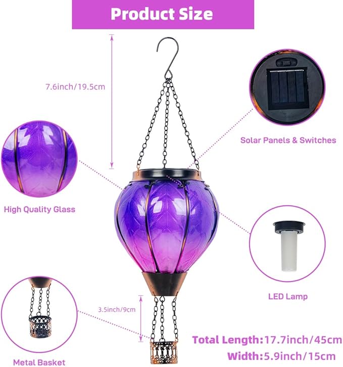 Starsoul Purple Hot Air Balloon Solar Lantern with Flickering Flame Light Glass Solar Powered Hot Air Balloon Lamp Waterproof Hanging Hot Air Balloon Led Lights-VerdiqueGarden