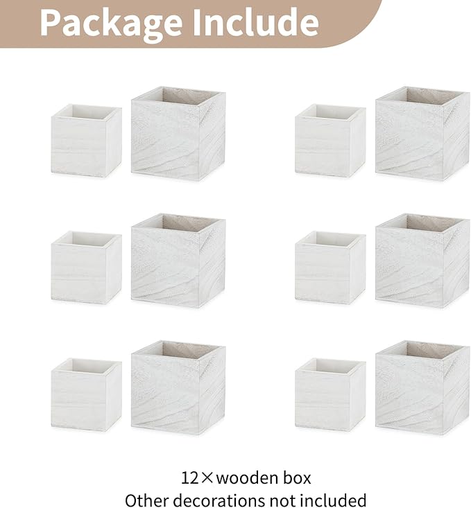 NUPTIO Wooden Box for Centerpiece Wedding: 12 Pcs Rustic Square Planter Box Farmhouse Table Fall Decor - 4×4" & 5×5" Whitewashed Small Wood Vases Flower Pots for Windowsill Home Garden-VerdiqueGarden