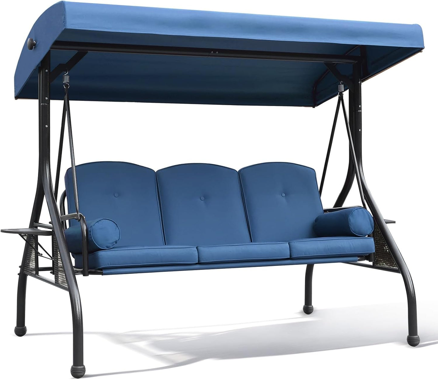 NOBLEMOOD Patio Porch Swing, 3-Seat Outdoor Swing with Adjustable Canopy, Waterproof Fabric Cushion, Pillow and Foldable Side Tray for Patio, Backyard, Porch Swing Bed for Spring-VerdiqueGarden