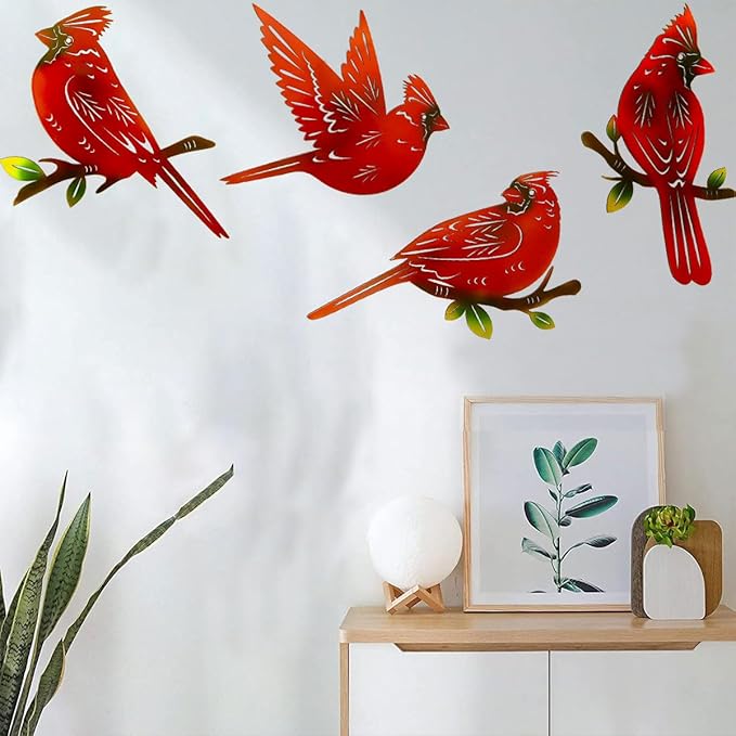 4 Pack Metal Cardinal Wall Art Decor Metal Birds 3D Outdoor Sculpture, Ornaments Hand-Made Nimble red Bird, Gifts for Mom,Birthday Gifts for Grandma Wife-VerdiqueGarden