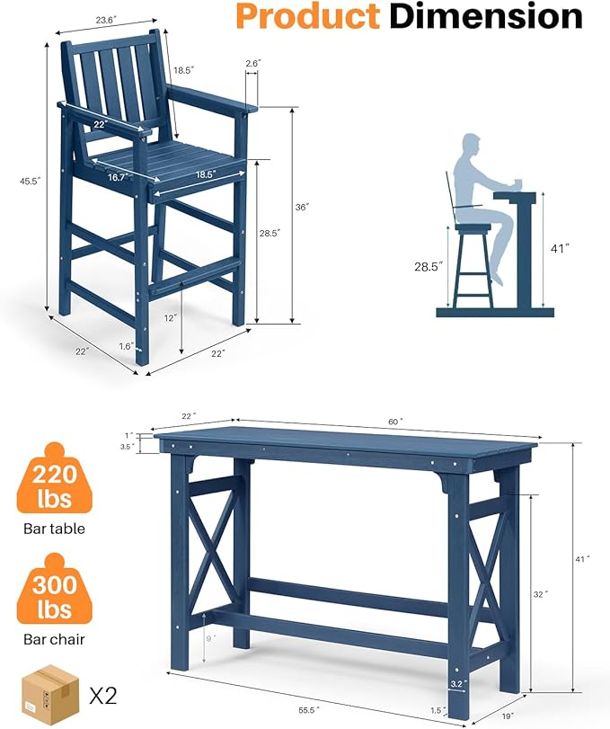 3 Pieces HDPE Outdoor Patio Bar Set, Rectangular Outdoor Bar Height Table and Chairs Set, Adirondack Patio Bar Stools Set, Outdoor Bar Table and Chairs Set for Balcony, Poolside, Porch, Navy-VerdiqueGarden