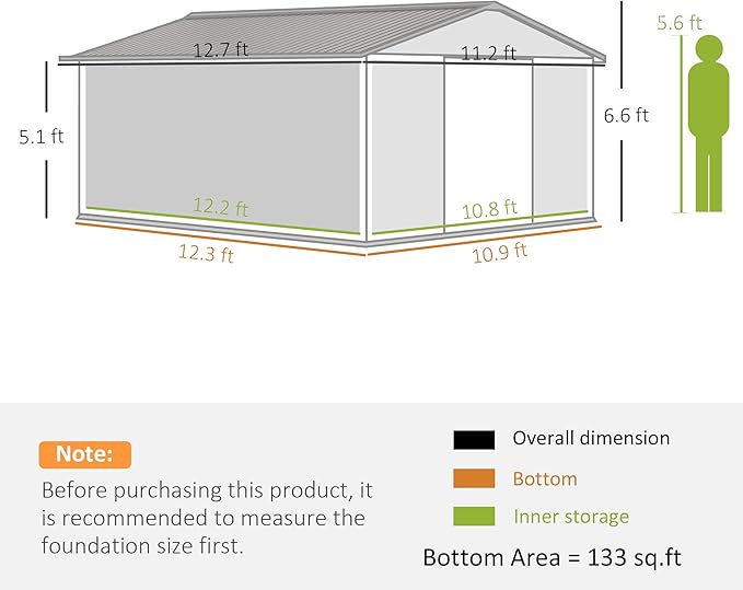 Outsunny 11' x 13' Outdoor Storage Shed, Garden Tool Metal Shed with Foundation Kit, Double Lockable Door, Air Vents and Sloping Roof, for Backyard, Patio, Lawn, Dark Gray-VerdiqueGarden