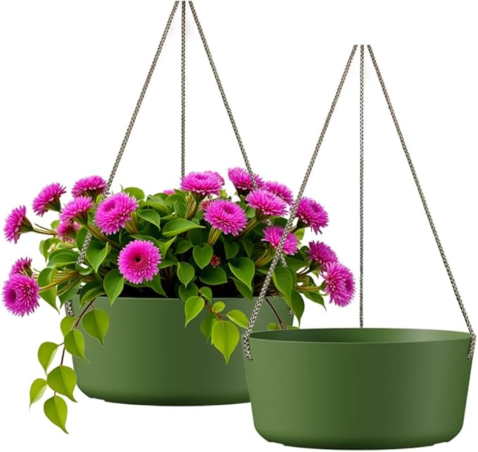 10.7 Inch Hanging Planter for Outdoor Indoor Plants，2 Pack Hanging Flower Pots with Drain Holes for Garden Home Decor Use (Dark Green)-VerdiqueGarden