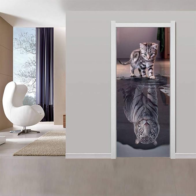 3D Cat to Tiger Transformation Door Sticker - Premium PVC, Matte Finish, White, Contemporary Style - Peel & Stick, Waterproof, Removable - 35.4" x 78.7" (2 Pieces) - For Doors, Walls-VerdiqueGarden