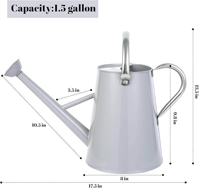1.5 Gallon Watering Can for Outdoor Plants,Large Metal Plant Watering Pot with Removable Spout,Flower Garden Water Can Watering Pot,Galvanized Steel Watering Can with Stainless Steel Handles，Grey-VerdiqueGarden