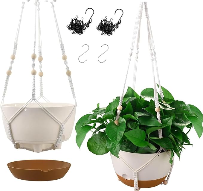 10 Inch Hanging Planters for Indoor & Outdoor Use (2 Pack) - Self-Watering & Drainage Flower Pots with Chain & Macrame Hangers (White, 10 in)-VerdiqueGarden