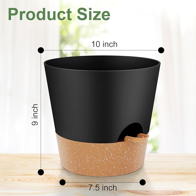 10-Inch Plant Pots, Self-Watering Planters with Drainage Holes & Saucers for Indoor and Outdoor Plants (2-Pack, Black)-VerdiqueGarden