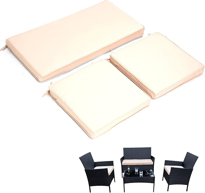 3-Pack Outdoor Patio Furniture Replacement Cushion Set–High-Elastic Sponge Cushions Fit 4-Piece Wicker Rattan Sofa, Loveseat & Chairs, 36x18x2 & 18x18x2, Waterproof, Fade-Resistant (Khaki)-VerdiqueGarden