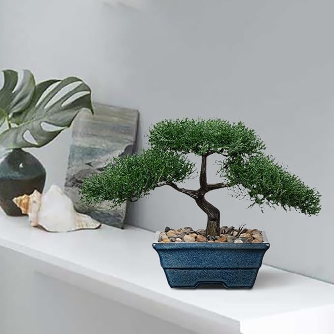 Artificial Bonsai Tree Juniper Faux Plants Indoor Fake Plants Decor with Blue Ceramic Pots for Home Table Office Desk Bathroom Shelf Bedroom Living Room Farmhouse Decorations-Pine-VerdiqueGarden