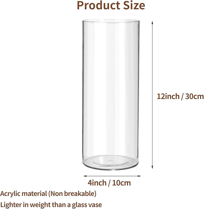 Clear Flower Vase, Non-breakable Vases, 4" W x 12" H, Acrylic Vase, Aesthetic Room Decor Cylindrical Modern Flower Vases for Table Centerpiece, Home Decor, Women Floral Arrangement Gift-VerdiqueGarden