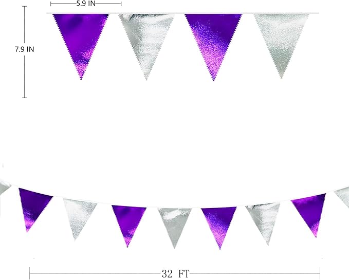 Purple and Silver Party Decorations Triangle Pennant Banner Flag Metallic Fabric Bunting Garland for Birthday Graduation Retirement Bachelorette Wedding Bridal Shower Engagement Disco Party Supplies-VerdiqueGarden