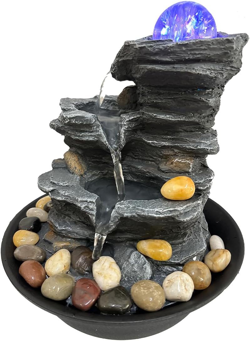 Indoor Tabletop Water Fountain Rotating Ball Rock Waterfall Fountain with Colorful Lights and Natural River Rocks, Zen Meditation for Home Office Decor-VerdiqueGarden