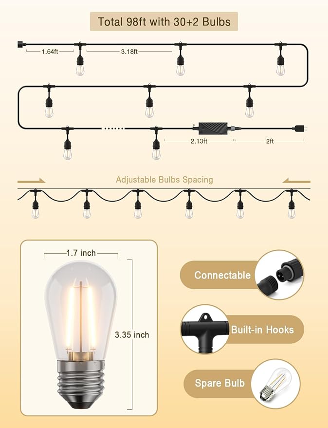XMCOSY+ Smart Outdoor String Lights, 98Ft LED Patio Lights Waterproof IP65, App Control, Compatible with Alexa, Dimmable Edison Bulbs Outdoor Light for Yard Porch Bistro Outside-VerdiqueGarden