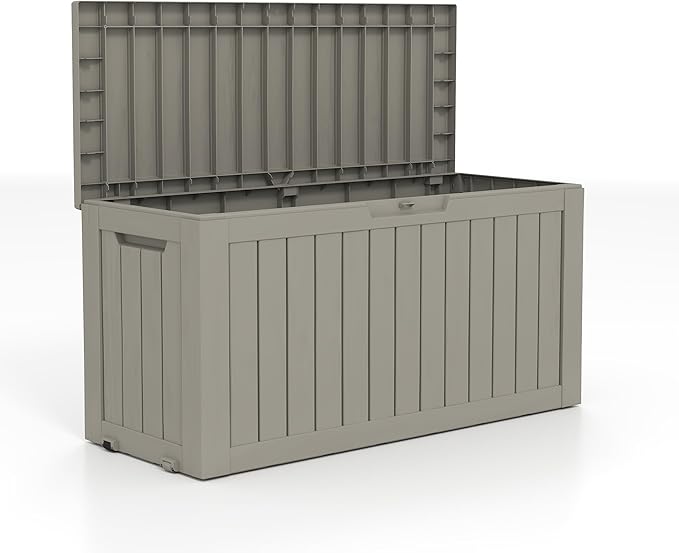 90 Gallon Lockable Resin Deck Box with Wheels, Waterproof & UV-Resistant Outdoor Storage Box for Outdoor Cushion Storage, Garden Tools & Pool Accessories Storage, Gray-VerdiqueGarden