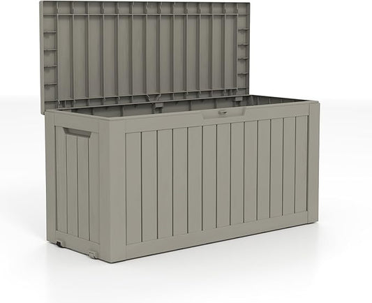 90 Gallon Lockable Resin Deck Box with Wheels, Waterproof & UV-Resistant Outdoor Storage Box for Outdoor Cushion Storage, Garden Tools & Pool Accessories Storage, Gray-VerdiqueGarden