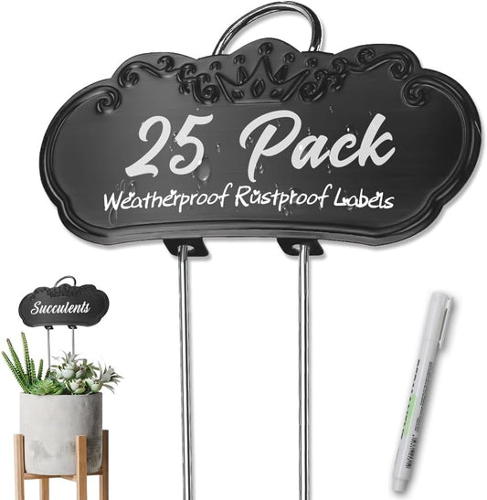 Metal Plant Labels,Tall Outdoor Garden Markers for Flower, Fruit and Vegetable, 304 Stainless Steel Weatherproof Signs (25 Packs, 4" x 1.9", Black)-VerdiqueGarden