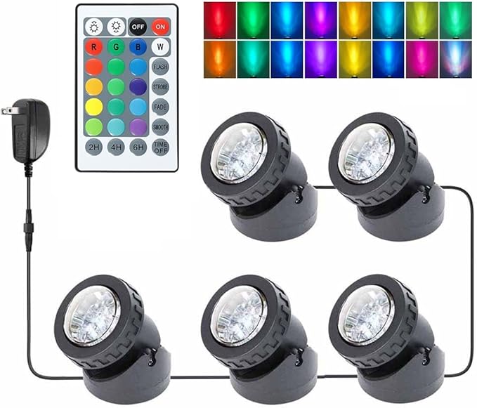 Fountain Lights with Timer, Underwater LED RGB Colored IP68 Waterproof Adjustable Submersible Pond Lights for Fish Pond Garden Lawn Yard Waterfall, 5 Lights in Set-VerdiqueGarden