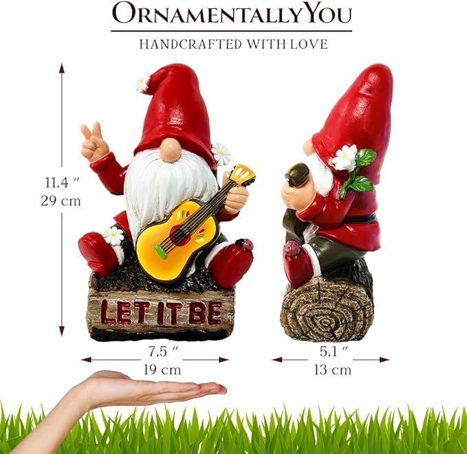 Hippy Gnome with Guitar Garden Statue, Unique Flowers and Peace Sign-VerdiqueGarden
