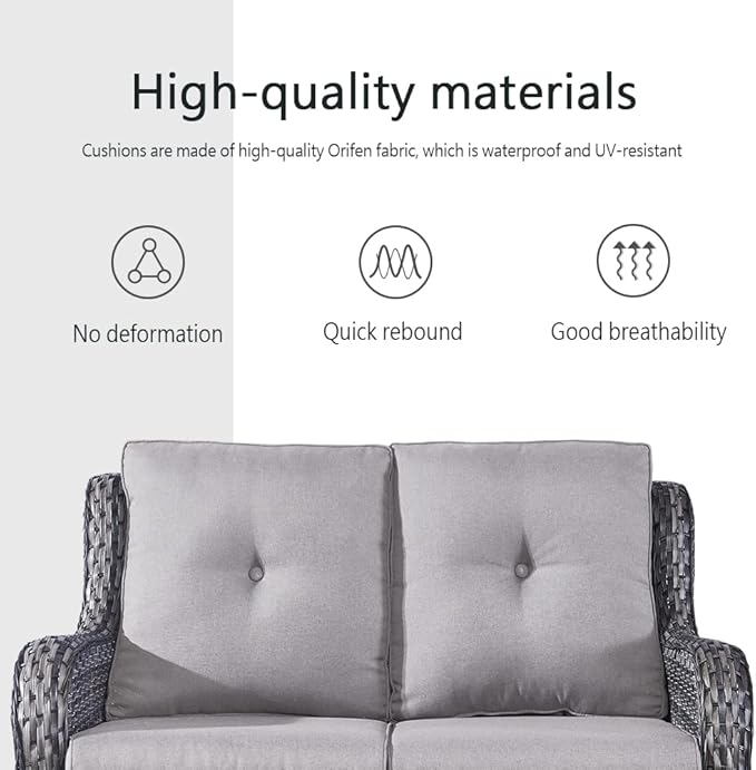 5 Piece Outdoor Patio Furniture Set - Wicker Furniture Patio Conversation Set, Outdoor Swivel Rocker Chairs with Loveseat Sofa and 2 Ottomans for Small Space, Gray Cushion-VerdiqueGarden