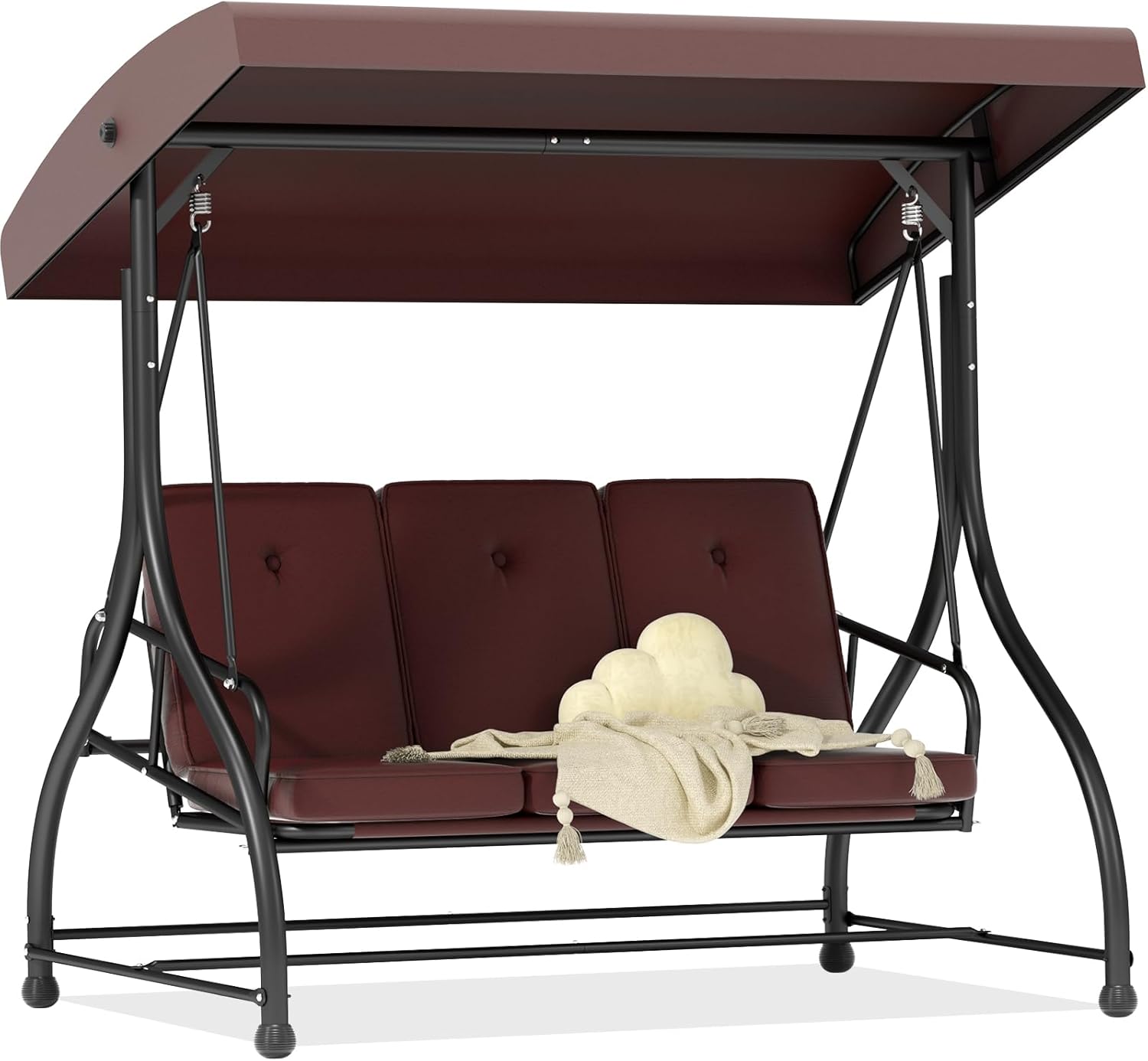 3 in 1 Porch Swing Chair with Adjustable Canopy Cover & Replacement Cushions, 3 Seat Patio Swings Bed with Heavy Duty Stand for Outdoor Backyard, Pools, Garden, Brown-VerdiqueGarden