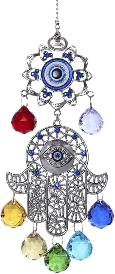 Hamsa Hand with Blue Evil Eye Protection Hanging Crystal Ornament with Chakra Energy Crystal Balls-VerdiqueGarden