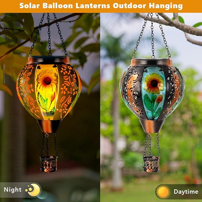 Starsoul Sunflowers Hot Air Balloon Solar Lantern Metal & Glass Solar Hot Air Balloon Hanging Garden Light Waterproof Outdoor Lantern for Patio Yard Party Decorations-VerdiqueGarden