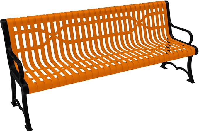 Coated Outdoor Furniture Heavy-Duty Outdoor Bench Thermoplastic Coated, Slated Steel, Commercial-Grade Garden Bench, Made in America (Portable with Back, 6 Ft, Orange)-VerdiqueGarden