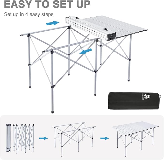 EVER ADVANCED Camping Table, Fold up Lightweight, 4-6 Person Portable Roll up Aluminum Table with Carry Bag for Outdoor, White-VerdiqueGarden