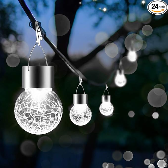 Solar Lights Outdoor Hanging Decorative Globe 24 Pack, Waterproof Solar Lantern with Handle and Clip, Solar Powered Glass Ball Lights for Garden Yard Fence Tree Umbrella Holiday Décor, Cold White-VerdiqueGarden