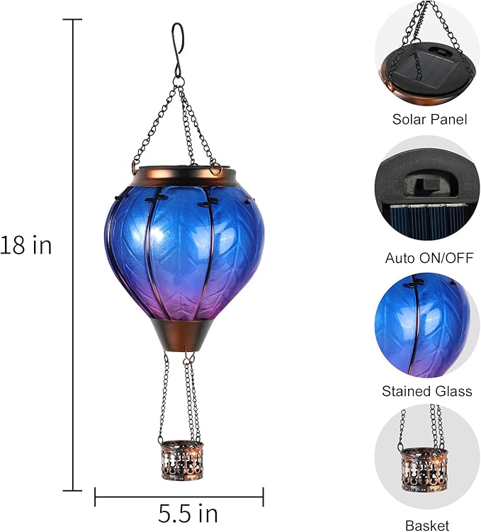 Hot Air Balloon Solar Lantern with Flickering Flame Hanging Solar Lights Outdoor Waterproof Lanterns for Garden Patio Yard Party Decoration Blue&Pink-VerdiqueGarden
