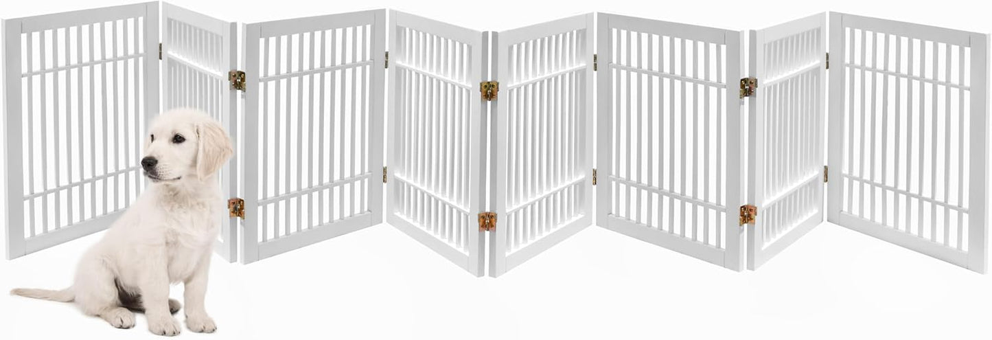 Pet Dog Gate Strong and Durable Freestanding Folding Acacia Hardwood Portable Wooden Fence Indoors or Outdoors by Urnporium (White Pet Gate, 8 Panel 24" Tall)-VerdiqueGarden