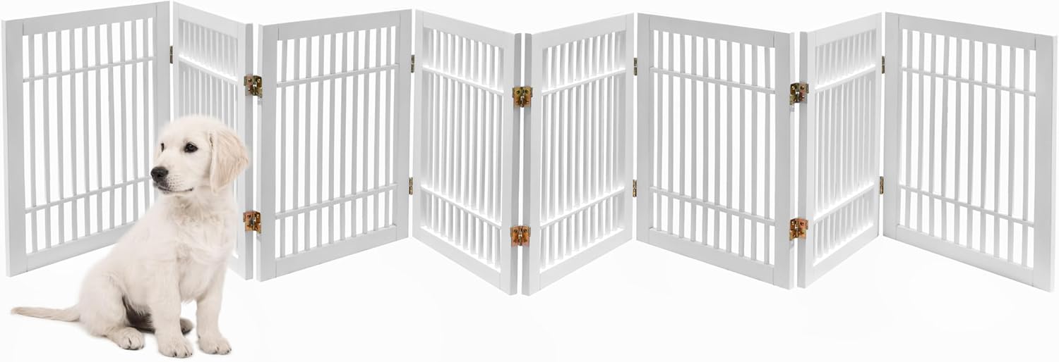 Pet Dog Gate Strong and Durable Freestanding Folding Acacia Hardwood Portable Wooden Fence Indoors or Outdoors by Urnporium (White Pet Gate, 8 Panel 24" Tall)-VerdiqueGarden