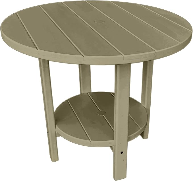 Phat Tommy Round Poly Resin Outdoor Patio Dining Table, All Weather Poly Patio Outdoor Furniture, Weatherwood-VerdiqueGarden