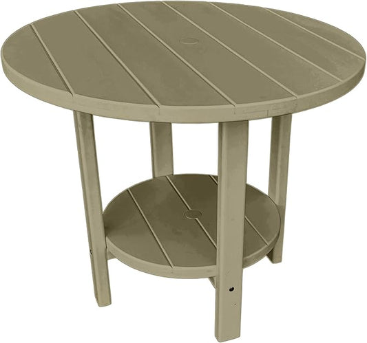 Phat Tommy Round Poly Resin Outdoor Patio Dining Table, All Weather Poly Patio Outdoor Furniture, Weatherwood-VerdiqueGarden
