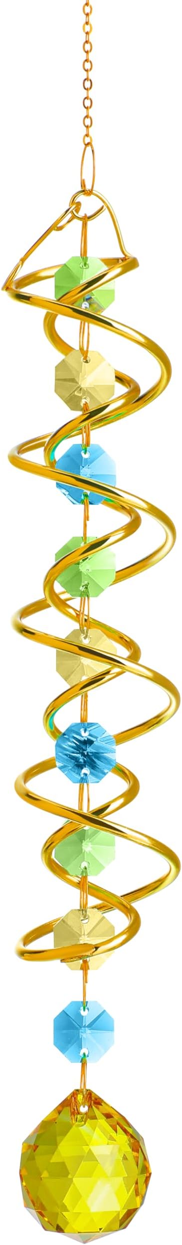 H&D HYALINE & DORA Glass Gazing Ball Spiral Tail Decorative Sun Catcher,17.7in Rainbow Maker Double-Spiral W/Yellow Crystal Ball Prism Sun Catcher for Indoor Outdoor Garden Decoration-VerdiqueGarden
