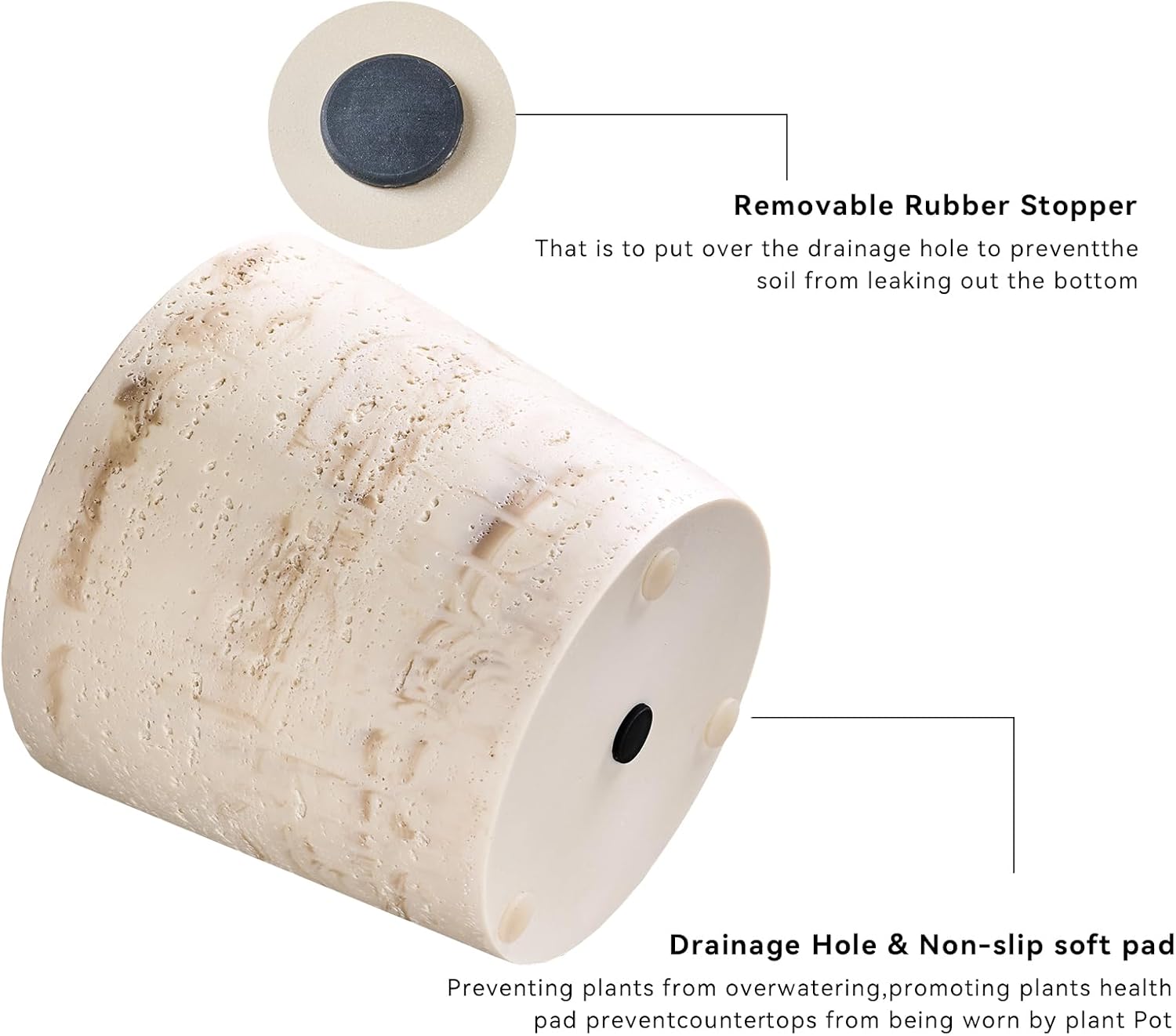 Ekirlin 7 Inch Natural Travertine Textures Plant Pot, Resin Outdoor Planter with Drainage Hole, Removable Rubber Stopper and Non-Slip Soft Pad,Weatherproof Decorative Pot for Indoor/Garden Plants-VerdiqueGarden