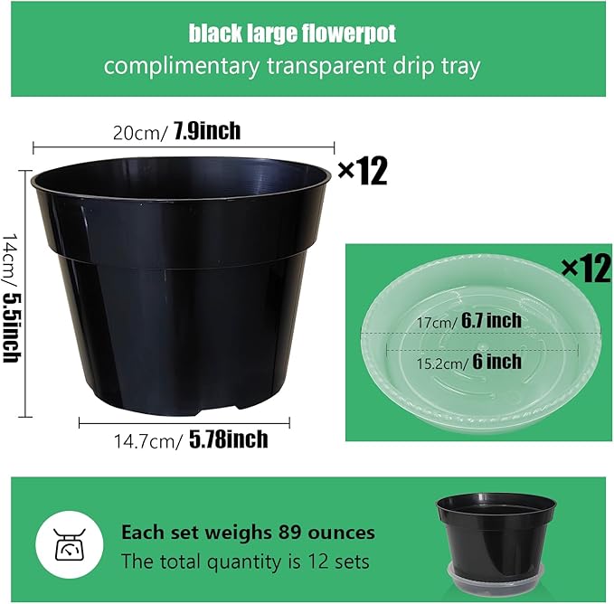 12 Pack Plant Pots, 8 Inch Plant Planter with Clear Saucer, Plastic Pots for Plants Indoor and Out Door Such as Strawberry, Herb and Flowers (Black)-VerdiqueGarden