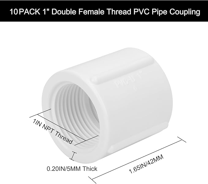 10Pack 1" Double Female Thread PVC Pipe Coupling Adapter Pipe Fitting Connector (Female x Female) SCH40 1Inch PVC Female Threaded Pipe Coupling for Sprinkler,Irrigation,Swimming Pools-VerdiqueGarden