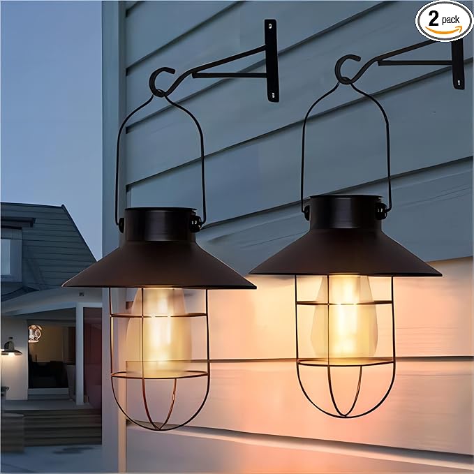 pearlstar Solar Lanterns Outdoor Metal Solar Powered Hanging Lights Waterproof for Wall Barn Yard Garden Patio Garage Balcony Porch Fence Decor, Warm White Edison Bulb (Black-2pack)-VerdiqueGarden