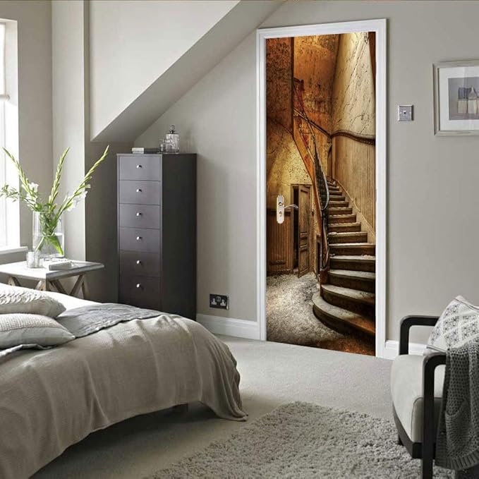 3D Door Wallpaper Self-Adhesive Door Sticker - Old Stairs - Door Film Poster Premium PVC Waterproof Wall Sticker for Bedroom Living Room Door Decoration Wallpaper 80 x 200 cm-VerdiqueGarden
