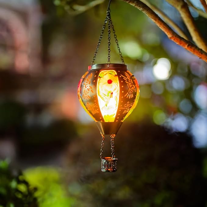 Starsoul Hummingbird Hot Air Balloon Solar Lantern Metal & Glass Solar Hot Air Balloon Hanging Garden Light Waterproof Outdoor Lantern for Patio Yard Party Decorations-VerdiqueGarden