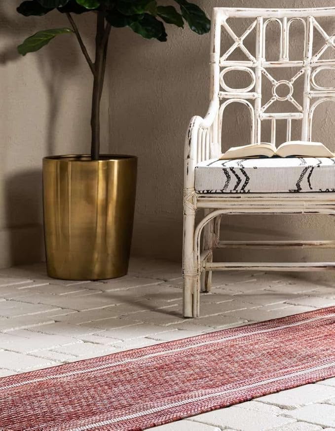 Unique Loom Outdoor Border Collection Area Rug - Soft Border (2' x 8' Runner, Rust Red/ Ivory)-VerdiqueGarden