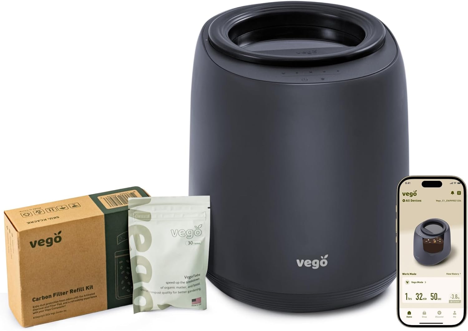 Vego Kitchen Composter, 4L Electric Composter Countertop 5 Modes Weight-Based Smart Compost Bin with App Odorless Auto-Cleaning Food Waste Compost Machine Indoor, Black-VerdiqueGarden