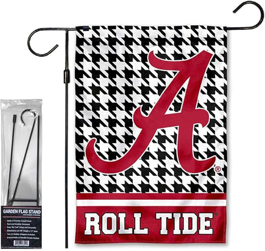 College Flags & Banners Co. Alabama Crimson Tide Houndstooth Pattern Garden Banner Flag with Stand Pole Holder-VerdiqueGarden