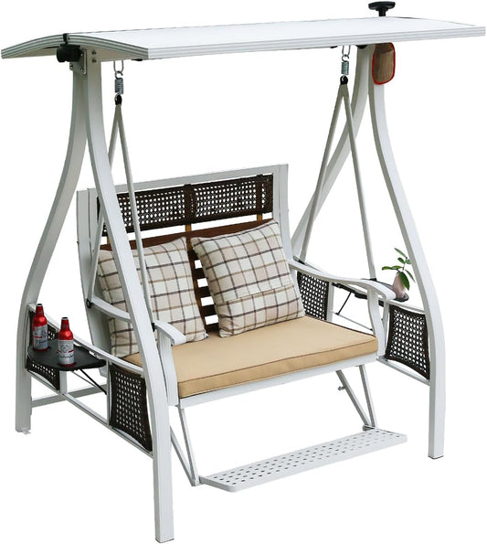 2/3-Seat Outdoor Patio Porch Swing with Adjustable Aluminum Alloy Canopy Solar Patio Swing Chair Bench with Footrest Side Cup Holder for Backyard Lawn (Himalaya White-2 Seat)-VerdiqueGarden