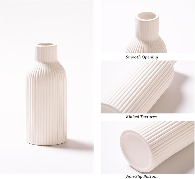 Ceramic Vase Set of 3, Flower Vases for Spring Room Decor, Kitchen Farmhouse, Modern Boho Style(White)-VerdiqueGarden