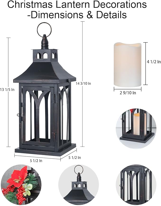 DECORKEY Decorations for Home, Decorative Led Candle Lantern Indoor Outdoor Decor, Metal Hanging Candle Holder with Xmas Teardrop Wreath and LED Candle for Table Centerpieces, Patio (Black)-VerdiqueGarden